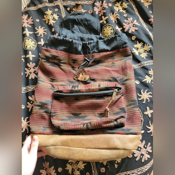 Vintage 90s Jansport Leather Aztec Backpack Burgundy Tan Black Made In USA - Picture 4 of 10